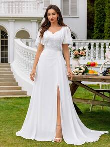 MIUSOL 甜心领亮片蕾丝荷叶边袖开衩大腿雪纺白色婚礼派对长裙，新娘，情人节 - 白色 - 查看 7