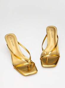 Women Comfortable Kitten Low Heel Thong Heeled Sandals Fashion Square Open Toe Comfort Shoes For Party Casual Slides - 金色 - 查看 5