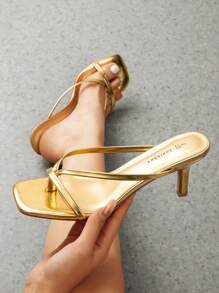 Women Comfortable Kitten Low Heel Thong Heeled Sandals Fashion Square Open Toe Comfort Shoes For Party Casual Slides - 金色 - 查看 2