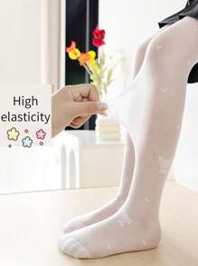 1 双图案装饰女童网眼连裤袜/紧身裤高弹力透气儿童日常穿着 - 白色 - 查看 4