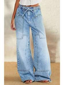 Women's Mid-Waist Casual Jeans With Breathable And Loose Design, Washed Technology, Wide Leg Pockets, Women's Mid-Waist Loose Casual Denim Straight Pants With Drawstring Decoration, Loose Jeans, Denim Work Pants, Women's Four-Season Street Jeans, Mid-Waist Antique Drawstring Tie Multi-Pocket Straight Pants The Hem Of The Trousers Has A Folding Design. The Trousers Have A Washed And Aged Style. The Side Has A Fabric Block Patchwork Style. The Trousers Have No Belt But Are Decorated With Drawstrings. The Trousers Are Closed With Zippers And Buttons. There Are Front Pockets And Back Pockets - Màu xanh lam - Xem 6