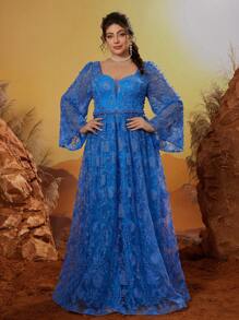 Robe de soirée, de fête, d'invité de mariage, de cérémonie, à col en cœur, avec broderie, perles, dentelle, manches longues, fente ouverte, grande taille