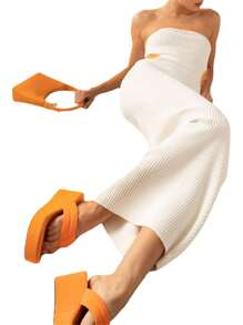 Women's Bodycon Tube Dress, Strapless Side Cutout Contrast Color Ribbed Long Dress - Off-white - View 3