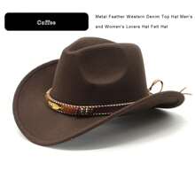Western Cowboy Hat Faux Felt Leather Wide Brim Hat Classic Outdoor Travel Cap With Strap For Halloween Adult Men Women Cowgirl Costume - 咖啡色 - 查看 3