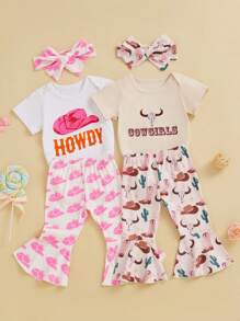 Baby Girls Letter Print Romper  Cow Print Flared Pants Set - 3PC Outfit With Headband For Infants - White - View 4