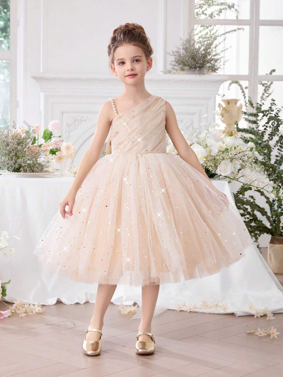 年轻女孩细肩带珠饰亮片薄纱花童连衣裙，复活节公主裙，适合生日礼物，派对，宴会，学校表演，节日
