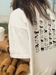 女士新款夏季卡通动物图案字母印花圆领休闲百搭柔软 T 恤 - 白色 - 查看 1