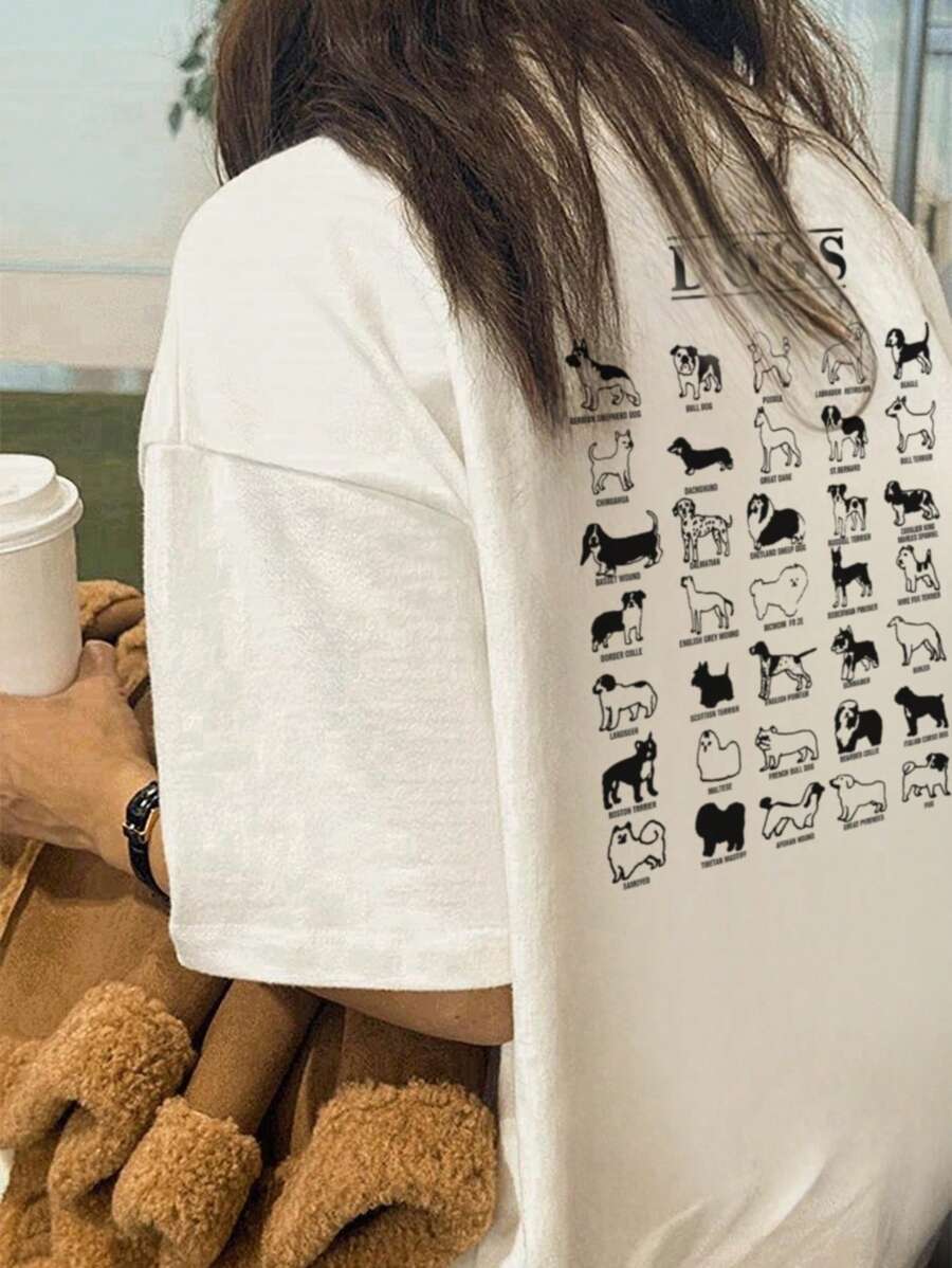 女士新款夏季卡通动物图案字母印花圆领休闲百搭柔软 T 恤 - 白色 - 查看 1