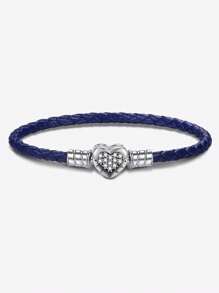 1Pc Glamorous 16-21CM 925 Sterling Silver Heart Bead Leather Cord Bracelet For Women Girlfriend Gift Fine Ladies Jewellery