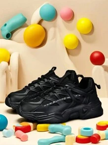 Sporty Front Chunky Sneakers For Women,Colorblock Leather Lace-Up Shoes Women Lightweight Breathable Sneakers Women Shoes Anti-Slip And Wear-Resistant Outdoor Sports Shoes For Women,Comfortable Casual Women Shoes - Black - View 3