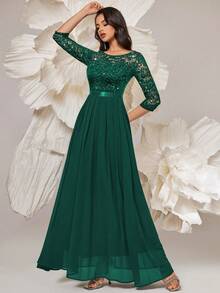 MIUSOL Elegante abito da sera lungo in chiffon con maniche a 3/4, orlo plissettato, decorato con fiori e paillettes, adatto per cerimonie formali come matrimoni, lauree, banchetti e altre occasioni - Verde Scuro - Visualizzare 6