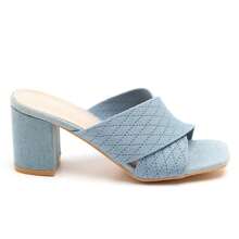 Cross Strap Heeled Shoes With Textured Pattern - Blue - View 2