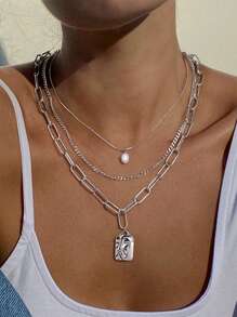 1 Peça Colar De Aço Inoxidável Pingente Multi-camadas De Alta Qualidade Fashionable E Único De Rosto Multicamadas Estilo Vintage