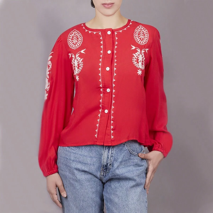 Camisa informal roja de viscosa bordada para mujer, con mangas largas abullonadas y cuello redondo. - Rojo - Ver 1