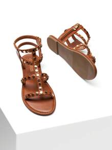 Women Gladiator Sandals Metal Polka Dot Desgin With Zipper Fashion Tropical Vacation Fashion Daily Summer Beach Flat Sandals Shoes - 棕色 - 查看 7