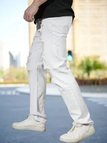 Men's Distressed White Denim Jeans, Casual Outdoor All Season