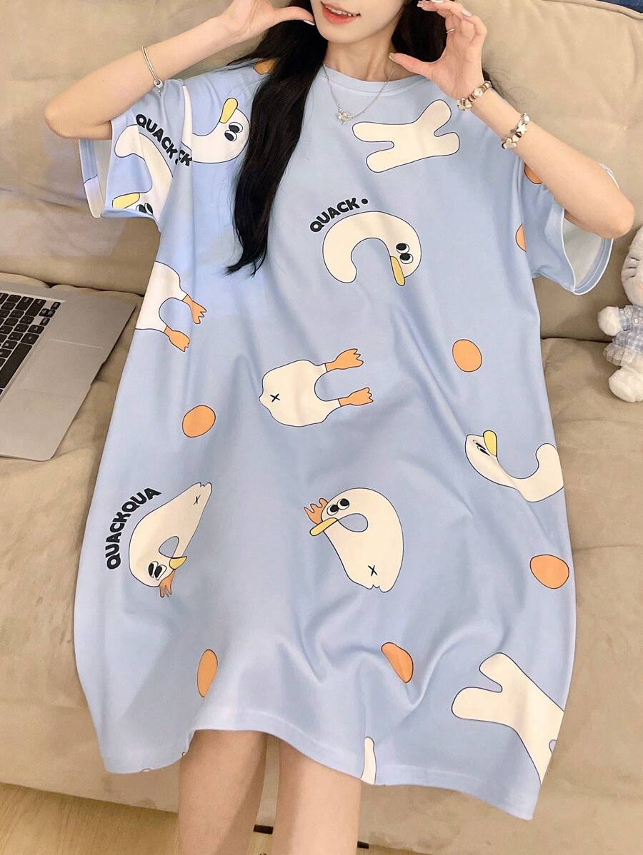 女式鸭子图案圆领落肩合身睡袍，卡通可爱风格，涤纶，夏季舒适睡衣，清凉浅蓝色 - 藍色 - 查看 1