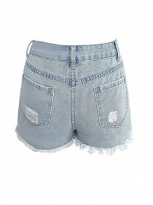 女士休闲纽扣式做旧下摆牛仔短裤 - 淺藍色 - 查看 5