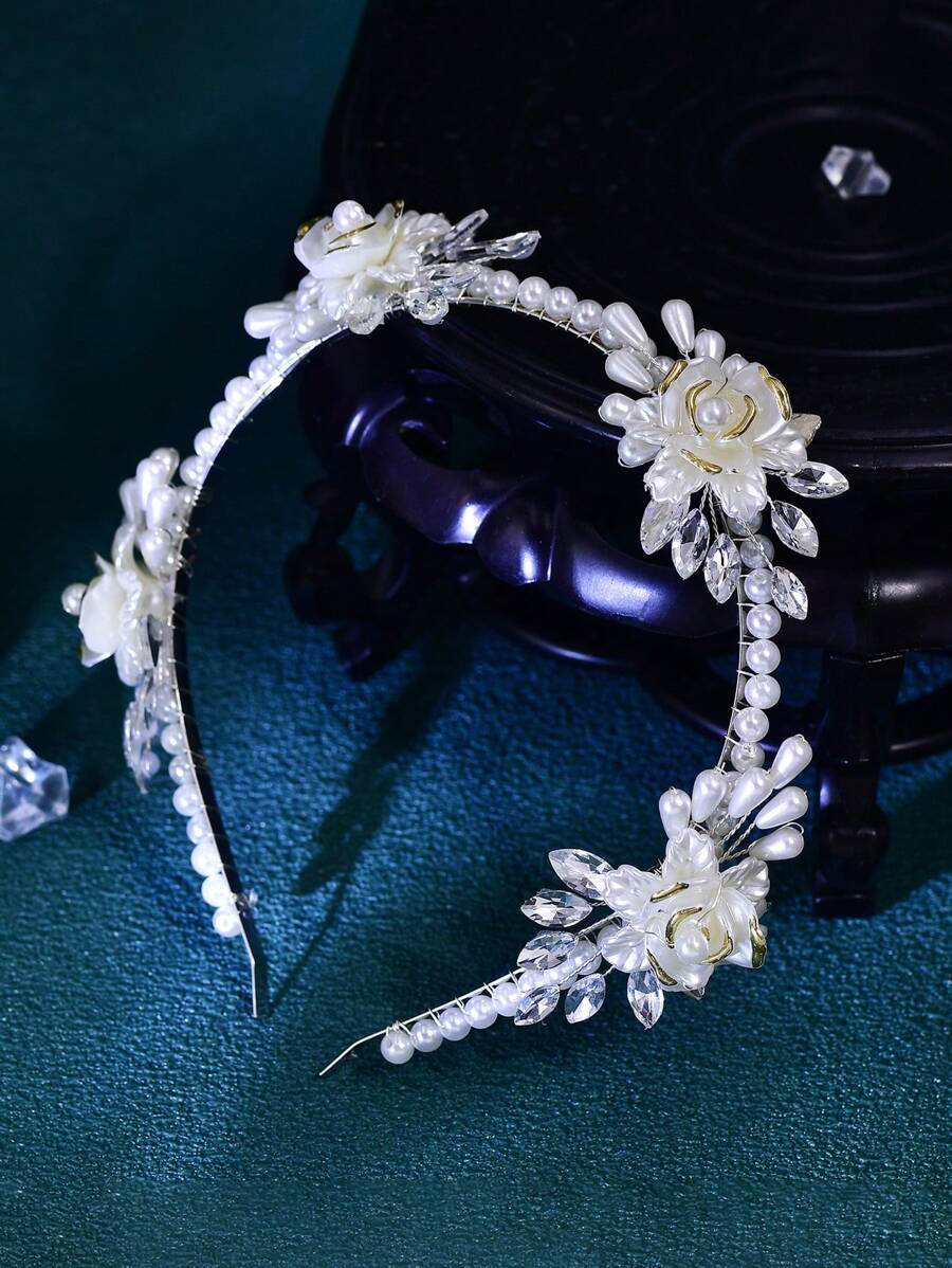 1pc Women's Faux Pearl Crystal Flower Headband, Fashionable Charm Hair
