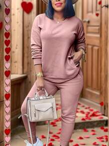 Nuevo conjunto de ropa de otoño para mujer, camisa de cuello redondo de manga larga lisa con bolsillos y pantalones casuales con bolsillos, conjunto de chándal informal y pantalones para exteriores, conjunto de dos piezas para mujer