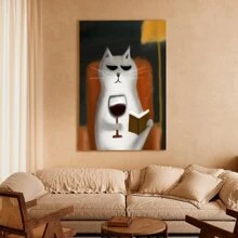 1pc Framed Canvas Poster, Cat Wine Funny Wall Art Canvas Paintings, Ideal Gift For Bedroom Living Room Corridor, Wall Art, Wall Decor, Winter Decor, Room Decoration