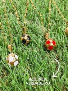 Corrente Cordão Colar 50cm Unissex Infantil Pingente Bola Futebol Cores Prata Dourado Aço Inox
