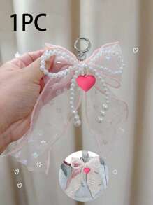 Schattige en eenvoudige mode kraal imitatie parel strik roos rood hart tas hanger, glanzend en kleurrijk licht, strik met gekleurde bloemen, doe-het-zelf effen kleur kant met klinknagels imitatie parel strik hanger mobiele telefoon schelp hanger, strik lint, multifunctionele doe-het-zelf sleutelhanger