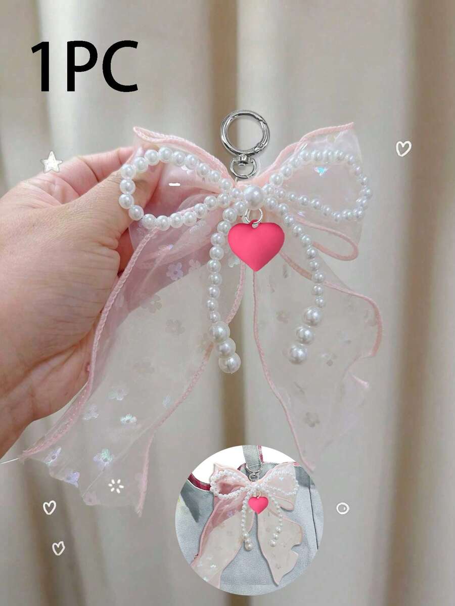 Schattige en eenvoudige mode kraal imitatie parel strik roos rood hart tas hanger, glanzend en kleurrijk licht, strik met gekleurde bloemen, doe-het-zelf effen kleur kant met klinknagels imitatie parel strik hanger mobiele telefoon schelp hanger, strik lint, multifunctionele doe-het-zelf sleutelhanger