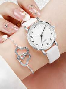 6pcs/Set Women's Gift Watch With Elegant Numeric Dial, Classic Fashion Quartz Wristwatch + Heart-Shaped Jewelry (Watch Box Not Included) - White - View 3