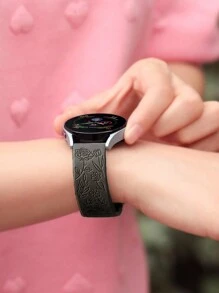 20mm 花卉雕花矽膠手錶錶帶，相容 Galaxy Watch 7 6 5 4 40mm 44mm/5 Pro/6 Classic 47mm/Watch 4 Classic/Active 2, 45mm/Watch 3/Watch 4 Classic 42mm 46mm Watch 6 47mm 43mm，波希米亞玫瑰防水運動替換錶帶，相容 Honor，男女適用 - 黑色 - 查看 8