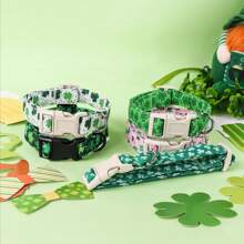 1pc St Patrick's Day Theme White Shamrock Pattern Dog Collars, Soft & Comfortable Fabric Adjustable Random Print Dog Collars, With Quick Release Buckle For Small Medium Large Dogs, Suitable For Dogs To Wear During St Patrick's Day