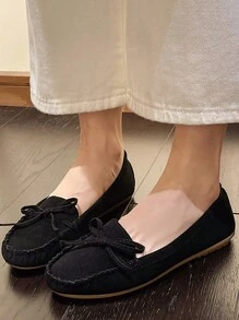 女士黑色一脚蹬乐福鞋，软底舒适驾驶莫卡辛鞋，正式工作平底鞋 - 黑色 - 查看 1