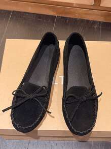 女士黑色一脚蹬乐福鞋，软底舒适驾驶莫卡辛鞋，正式工作平底鞋 - 黑色 - 查看 4