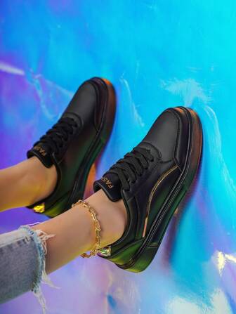 Women's Leather-Surfaced Classic Low-Top Outdoor Sports Casual Shoes, Black, With Gold Trim Decor, Versatile & Comfortable