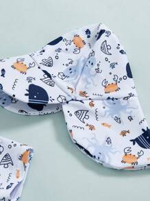 Toddler Boys Rash Guard Swimsuit Animal Print Zipper Short Sleeve Bathing Suit With Swim Cap - Blue - View 5