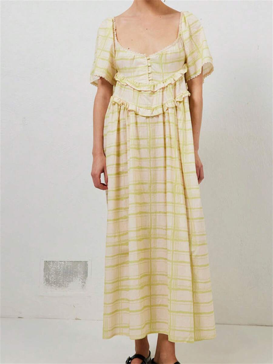 Women Elegant Long Dress Plain/Plaid Short Sleeve Low-Cut Backless Loose Fit Flared Hem Swing Dress Perfect For Everyday Comfort