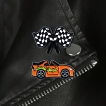 1pc/2pcs Universal Mini Exquisite Cute Racing Car & Racing Flag Cartoon Enamel Brooch, Special Lapel Pin, Suitable As Gift For Friends, Collectors Of Racing Fans, Checkered Street Casual Zinc Alloy Cartoon Brooch, All Season - Multicolor - View 3
