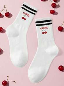 1 Pair Women Cute Cherry Pattern Round Neck Socks, Suitable For School Students Daily Life, Fall - Red - View 12