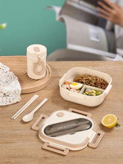 1pc Divided Insulated Lunch Box, Microwave Safe, Sealed Bento Box With Stainless Steel Spoon, Fork And Cup, Suitable For Reheating, Scalding Prevention And Keeping Warm, Ideal Meal Prep Box For Kids,School Supplies