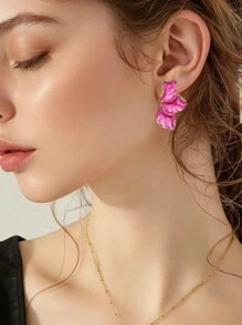 优雅花朵耳环，女士简约时尚休闲风格 - 玫紅色 - 查看 4