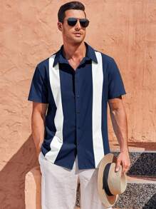 Runcati Men's Vintage Bowling Shirt Short Sleeve Guayabera Button Down Beach Shirt - Màu xanh hải quân - Xem 4