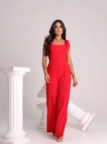 Women's Long Jumpsuit With Double Bow -Pocket- Cup And Elastic On The Back - 紅色 - 查看 3