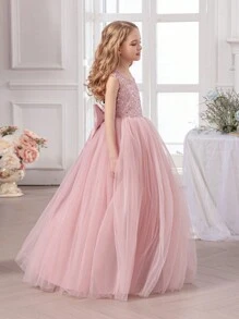 Tween Girl Elegant Bow Decor Dress, Flower Girl Princess Dress Suitable For Girls Wedding, Party, Birthday, Communion, Important Occasions - Pink - View 7
