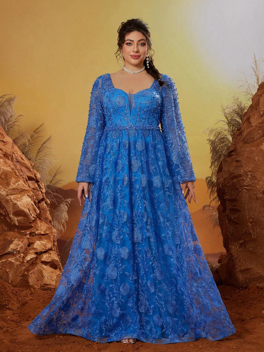 Robe de soirée, de fête, d'invité de mariage, de cérémonie, à col en cœur, avec broderie, perles, dentelle, manches longues, fente ouverte, grande taille