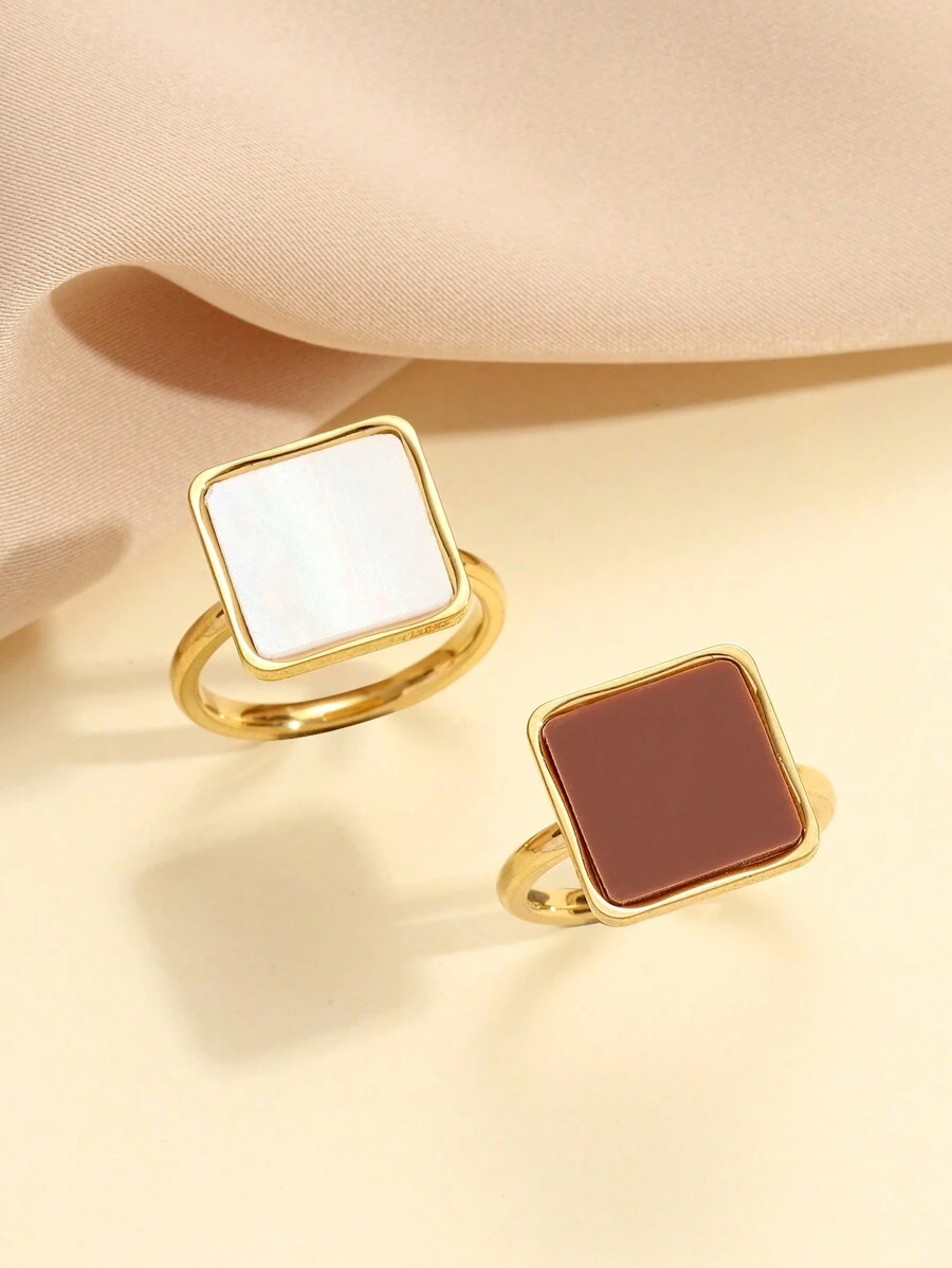 Bộ 2 chiếc nhẫn vuông bằng thép không gỉ kiểu cổ điển màu vàng, nâu và trắng, thích hợp cho nữ giới đeo hàng ngày hoặc làm quà tặng. - Vàng - Xem 1