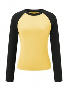 Beauace Womens Slim Fit Tops Casual Contrast Color Raglan Long Sleeve Basic T Shirt Blouses For Club Streetwear Aesthetic Clothes - Yellow - View 5