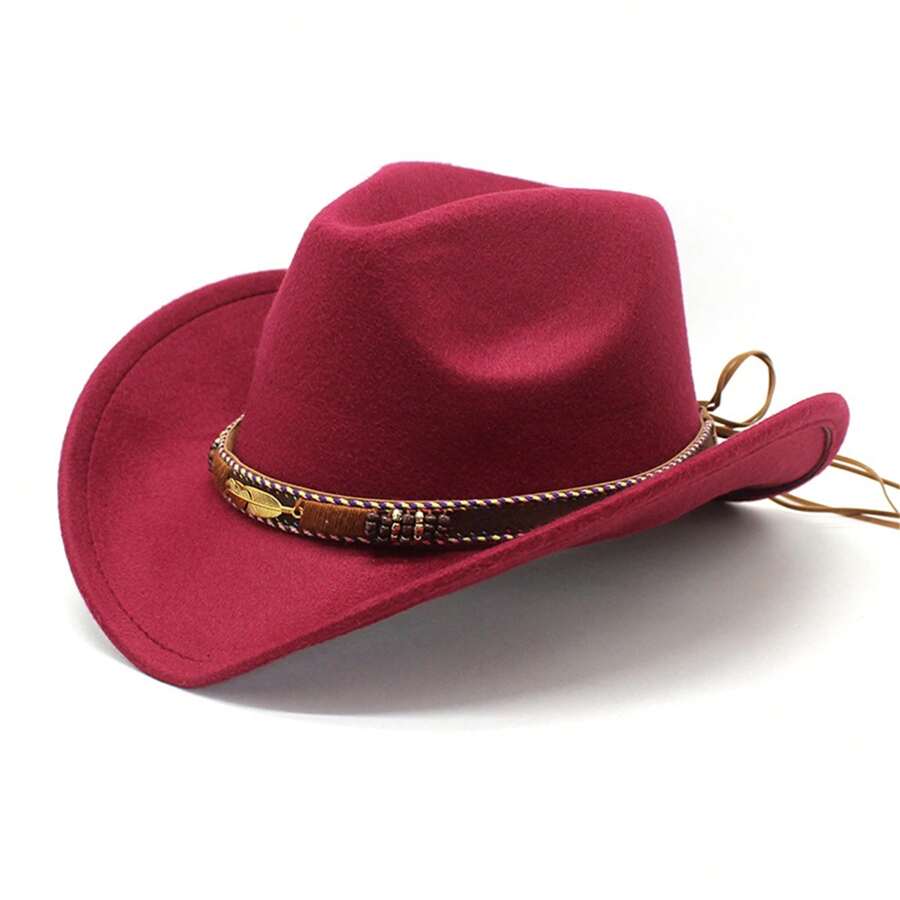 Western Cowboy Hat Faux Felt Leather Wide Brim Hat Classic Outdoor Travel Cap With Strap For Halloween Adult Men Women Cowgirl Costume - 酒紅色 - 查看 1