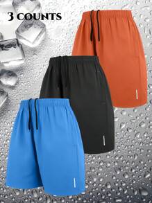 3 件套男士运动短裤，夏季休闲透气抽绳腰短裤，带拉链口袋，舒适适合健身房、户外活动、海滩、冲浪 - 彩色 - 查看 1