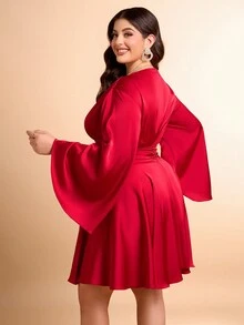 BIUBIU Đầm dự tiệc sang trọng màu đỏ cỡ lớn gợi cảm cổ chữ V sâu tay chuông dài eo nhún bèo viền satin thanh lịch cho tiệc cưới, tiệc tối, tiệc sinh nhật, khách dự tiệc cưới, trang phục mới cho phụ nữ - Đỏ - Xem 3