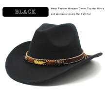 Western Cowboy Hat Faux Felt Leather Wide Brim Hat Classic Outdoor Travel Cap With Strap For Halloween Adult Men Women Cowgirl Costume - 黑色 - 查看 4